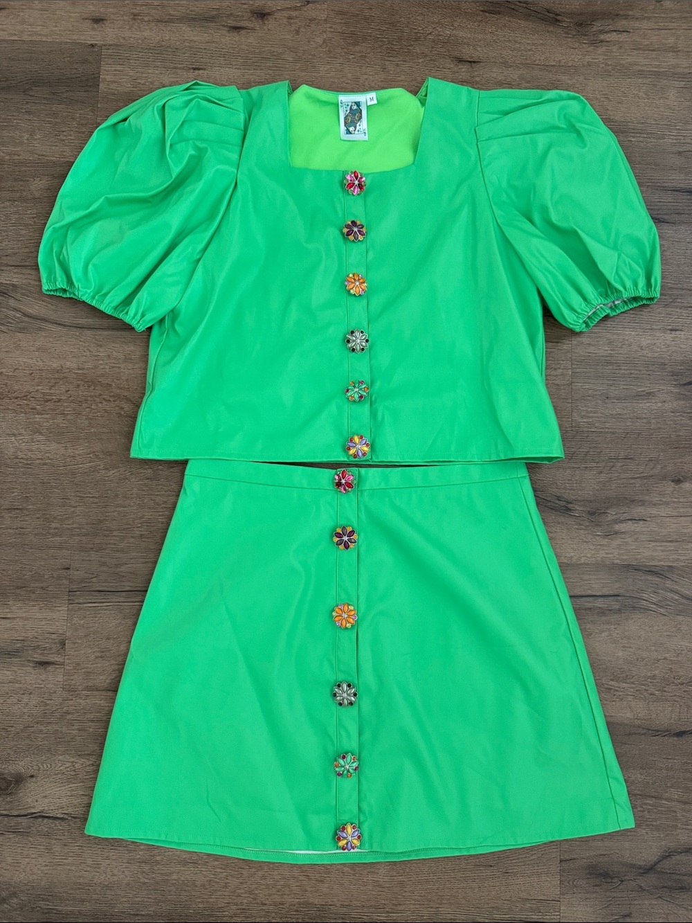 QUEEN OF SPARKLES Bright Green Puff-Sleeve Two-Piece Dress Set
